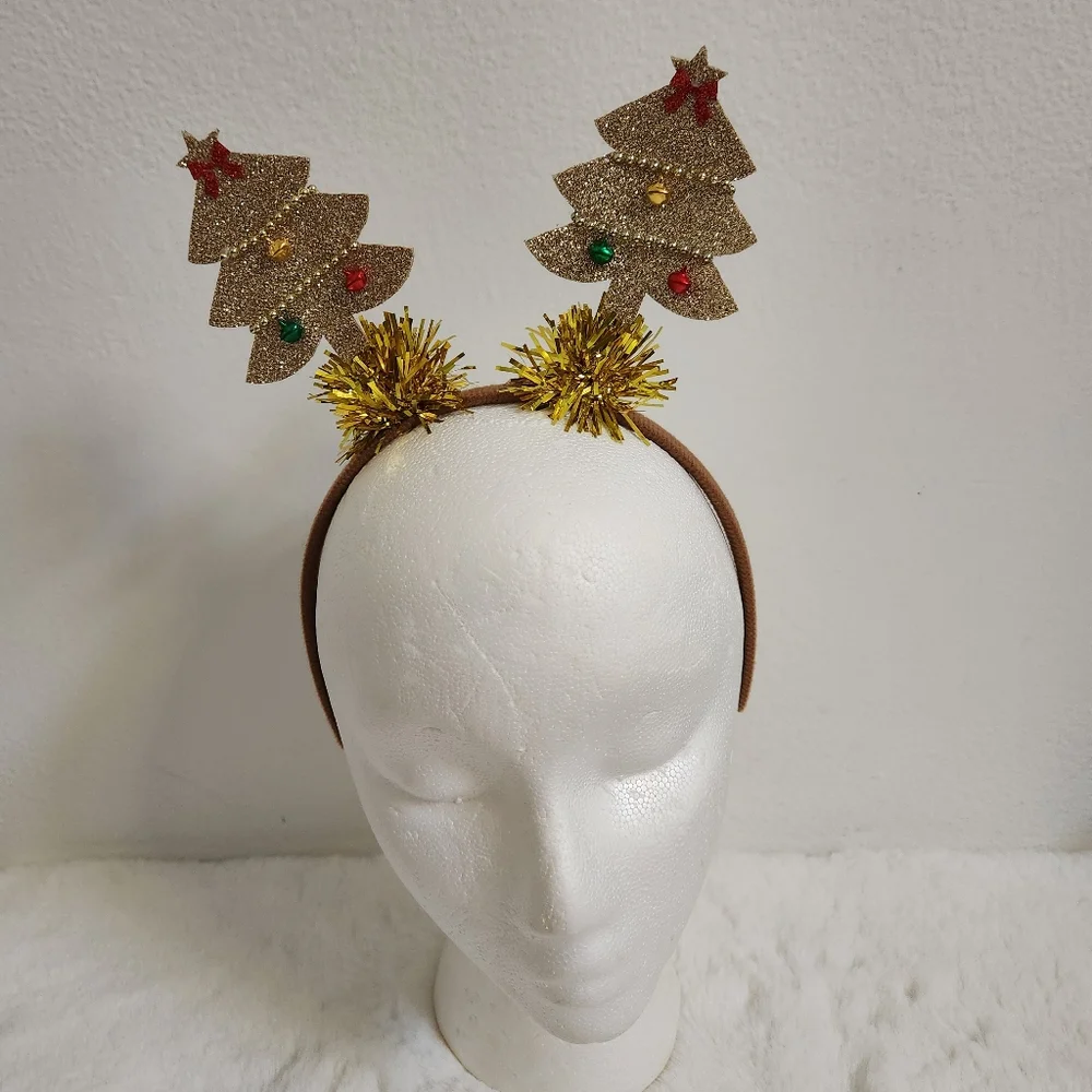 Cute Christmas Star Shape Gold Tinsel Tree With Ribbons headband